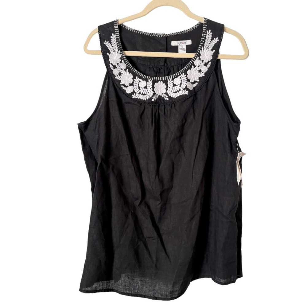 NWT Style & Co 100% Linen Black‎ Floral Embroidered Sleeveless Boho Top 16